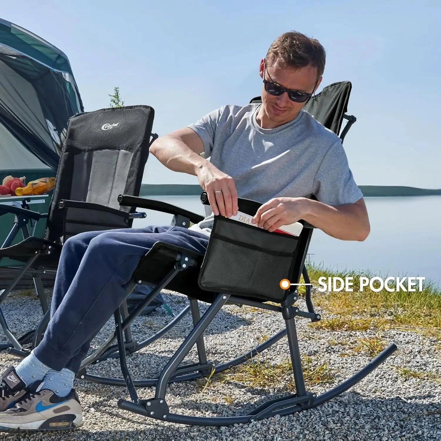 Oversized Folding Rocking Chair. Portable Outdoor Rocker. High Back, Hard Armrests. Carry Bag. Supports 400 lbs. Mesh Back.