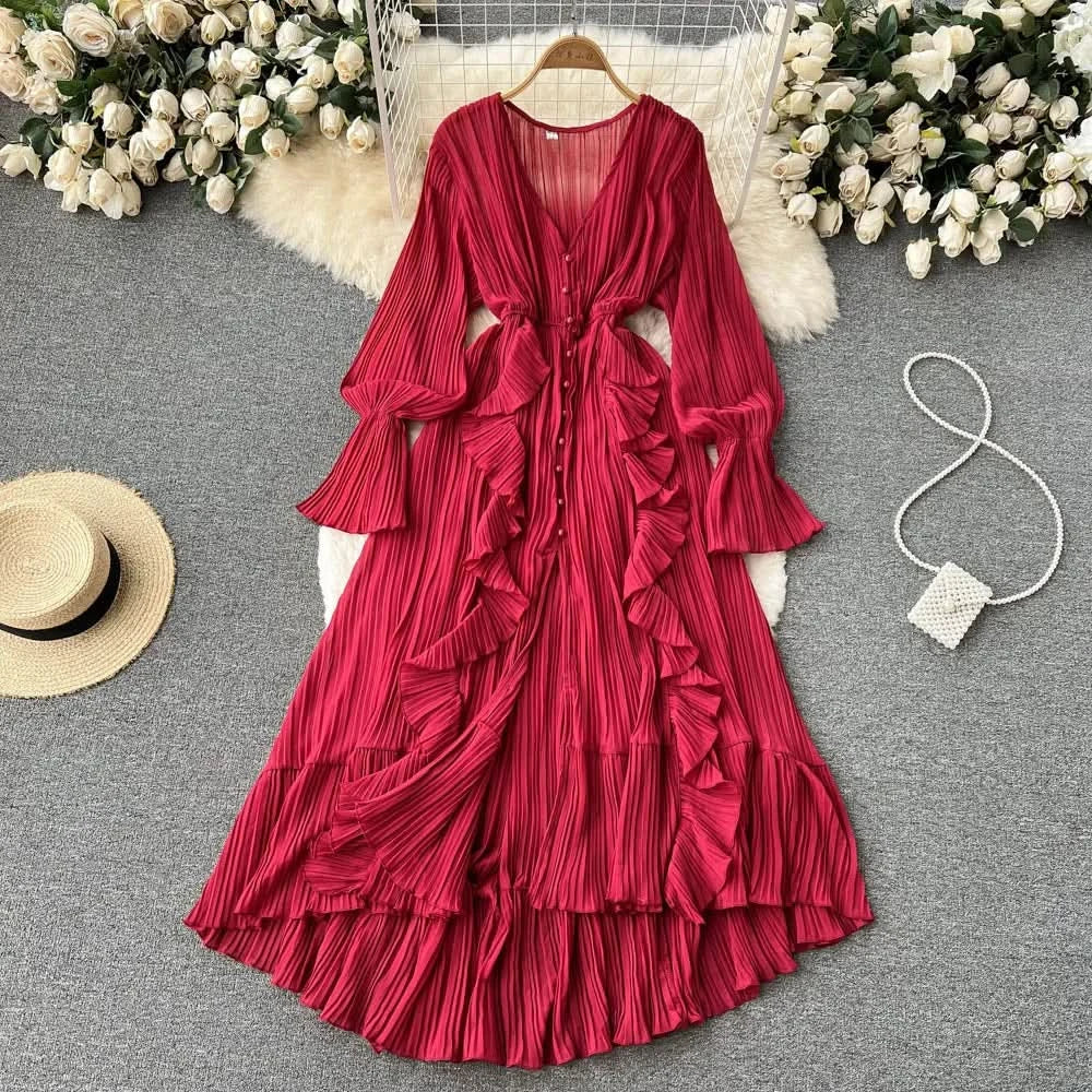 Purple/Brown/Red Chiffon Pleated Long Dress Women Vintage V-Neck Flare Sleeve Draped Ruffle Vestido Female Maxi Robe Spring Fall - M & M Global