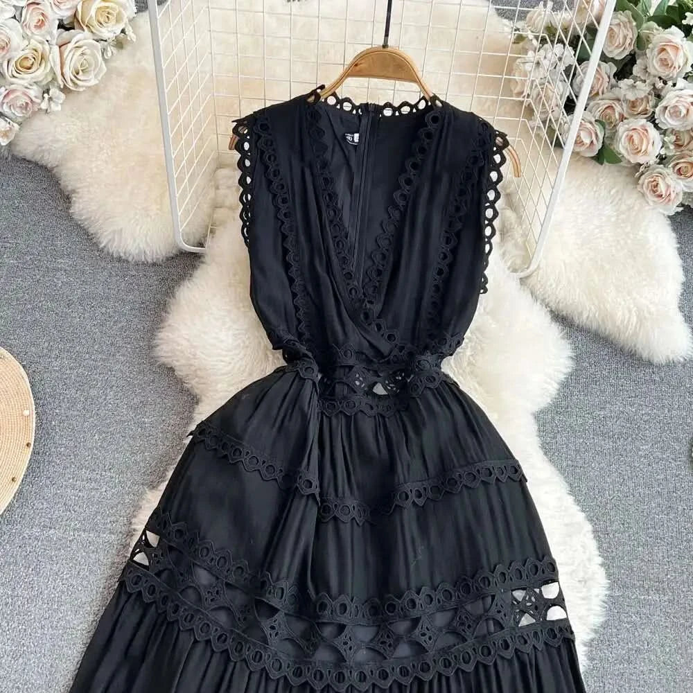 JAMERARY Designer New Summer Holiday White Embroidery Cotton Long Dress Women Sleeveless Midi Prom Evening Dresses Party Robe - M & M Global