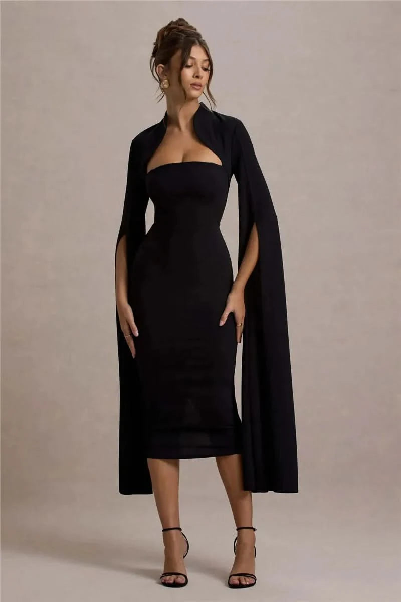 Mozision Cape Long Sleeve Sexy Midi Dress For Women Autumn Winter New Square Collar Back Slit Bodycon Club Party Long Dress - M & M Global