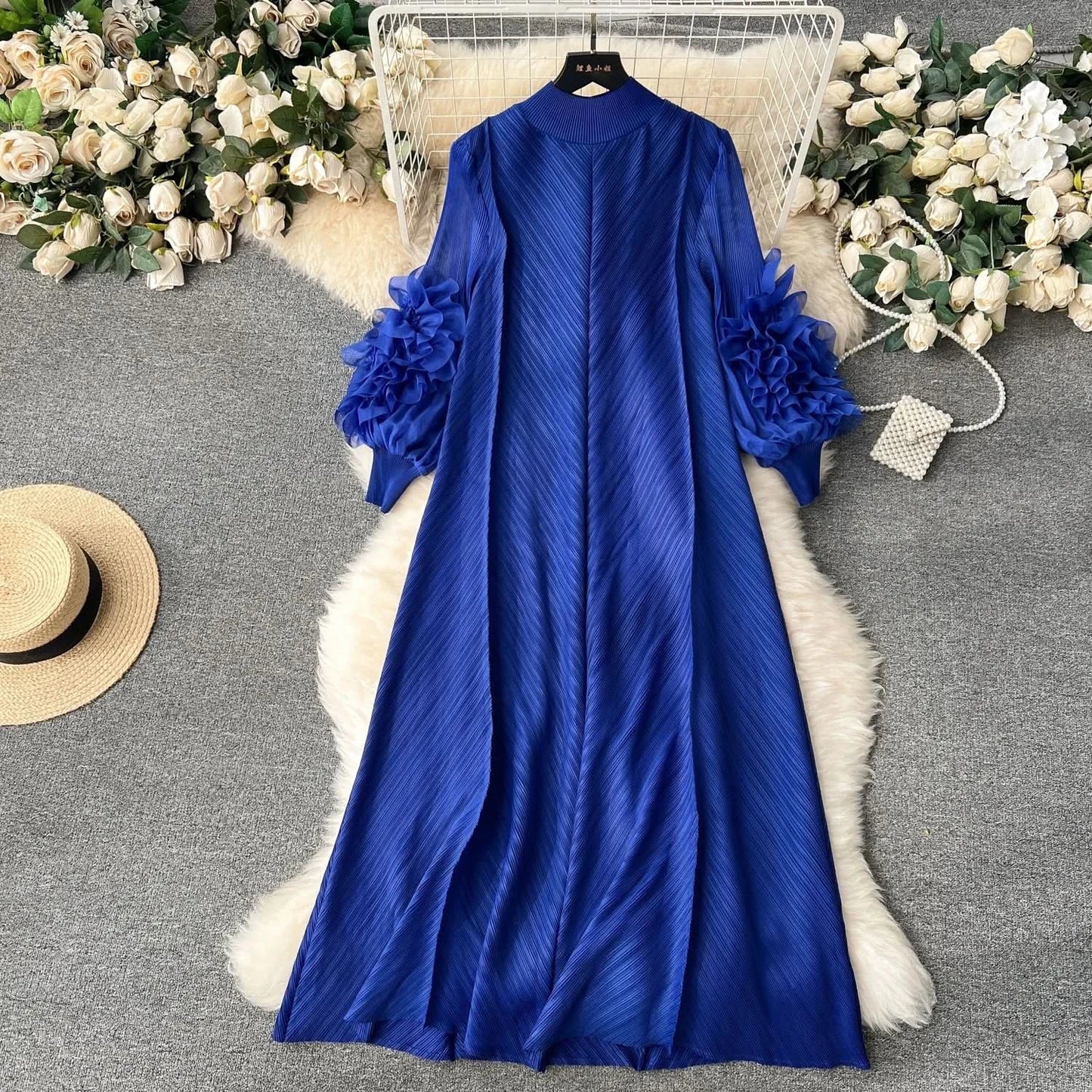 Sweet Pleated Vintage Three-dimensional Flower Loose Long Dress Chic Evening Korean Fashion Fashion Women Summer Dresses - M & M Global