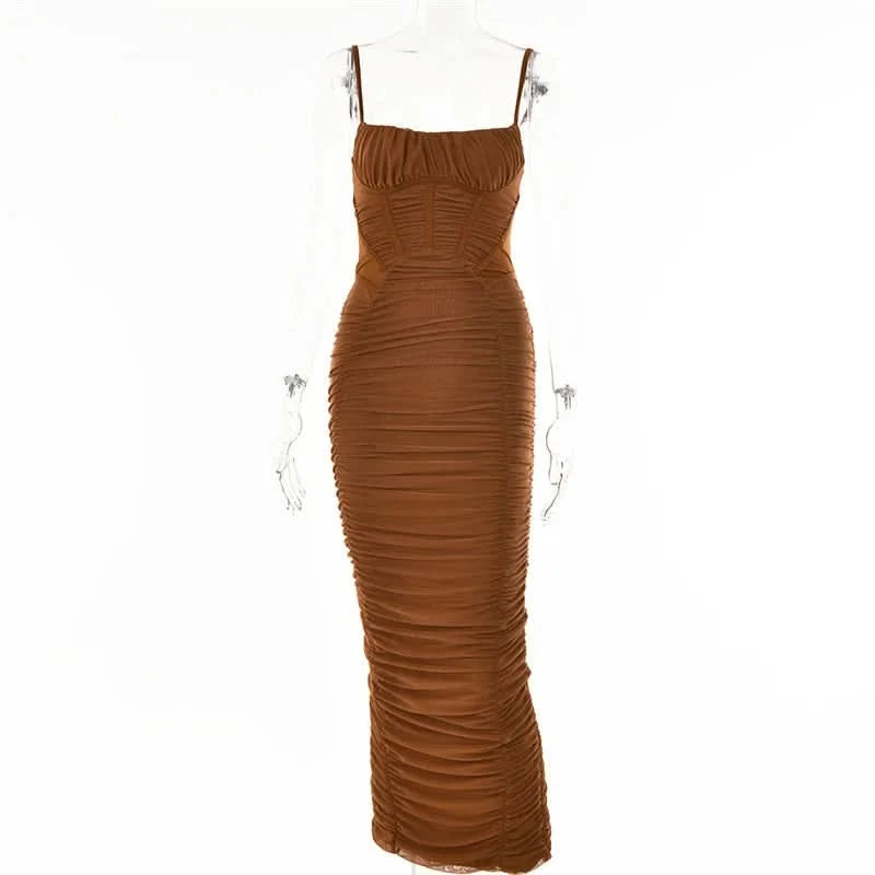 Mozision Elegant Corset Ruched Maxi Dress Women Fashion Spaghetti Strap Sleeveless Backless Zipper Long Dress Vestido - M & M Global
