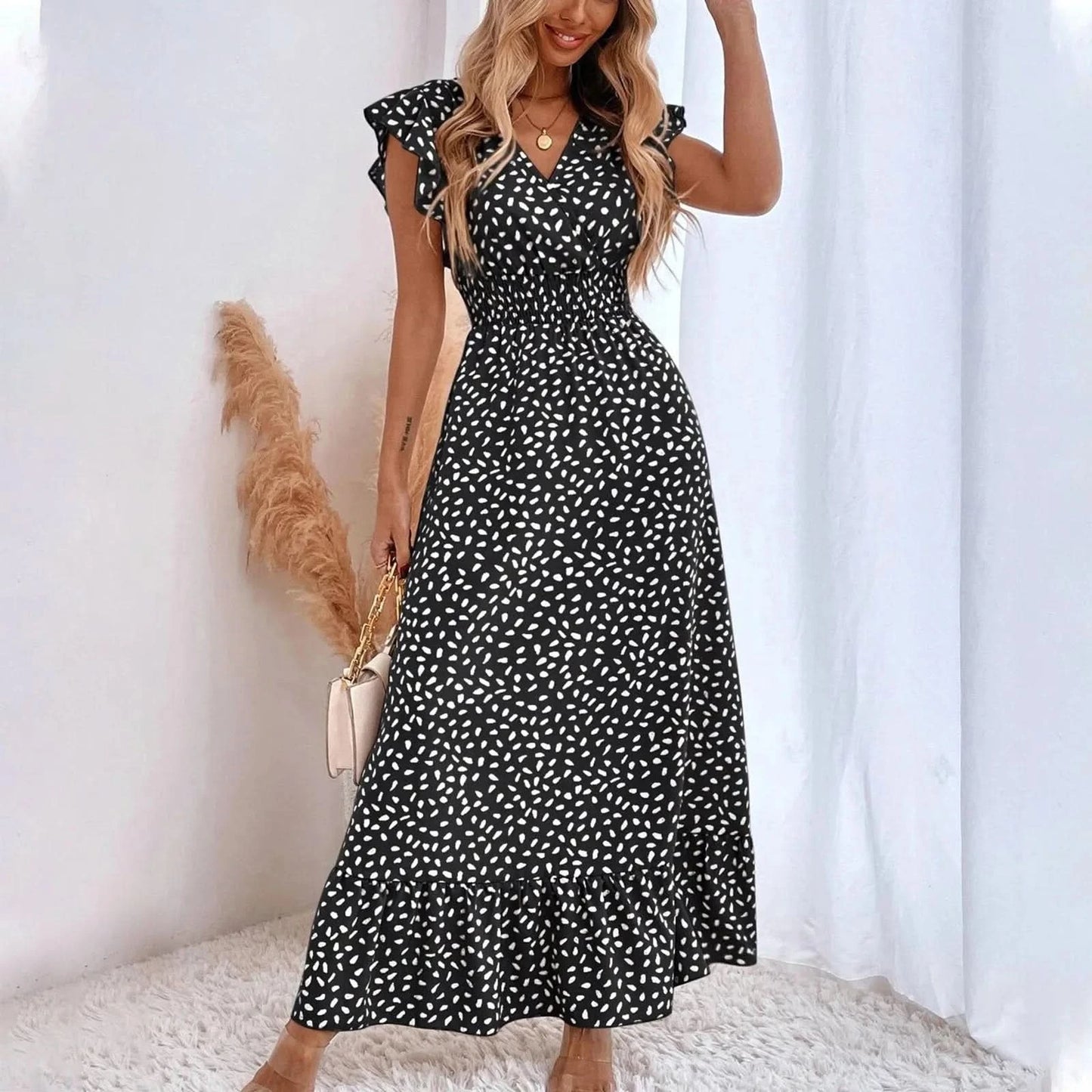 Polka Dot Dress For Women Sexy V-Neck Long Dress Casual And Fashionable Ruffle Edge Short Sleeved High Waisted Dress - M & M Global