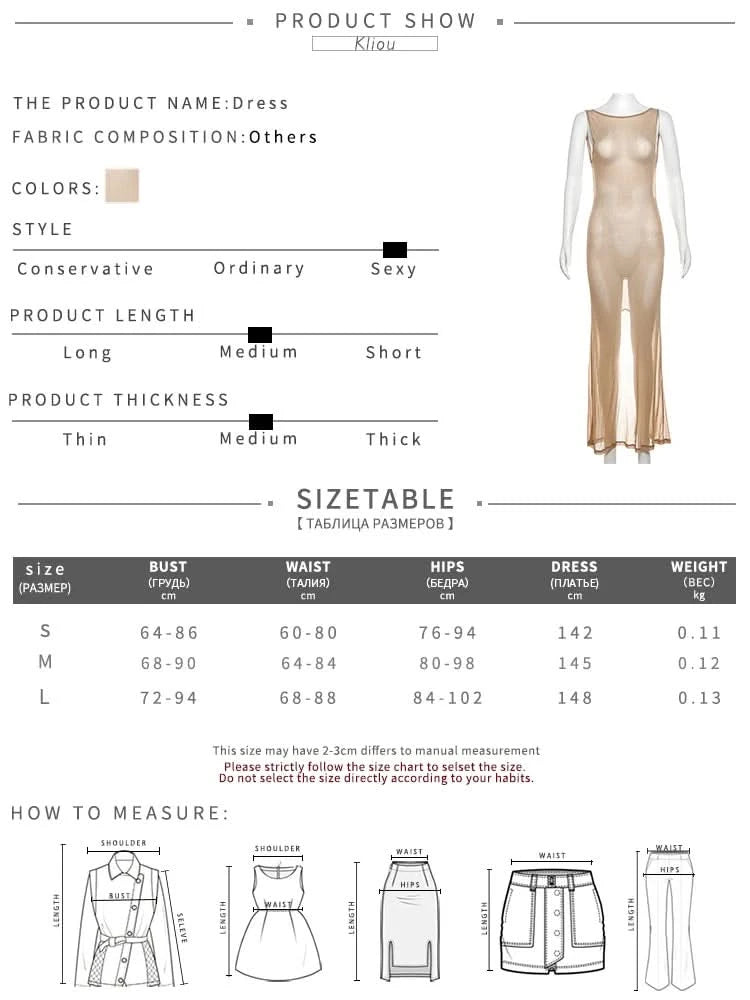 kliou Shiny Long Dress Stunning Women Solid Summer Thin Mesh Sheer Backless Sleeveless Bodycon Female Elegant Fashion Vestidos - M & M Global