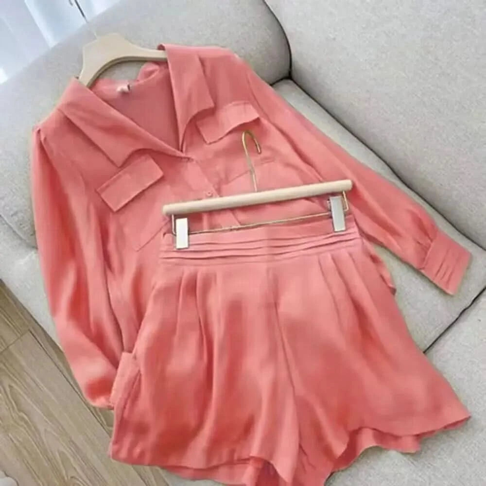 Thin Short Sets Shirts Two Piece Sets Loose Long Sleeve Casual Office Clothing Solid Color 2 Piece Summer Set Women Elegant - M & M Global