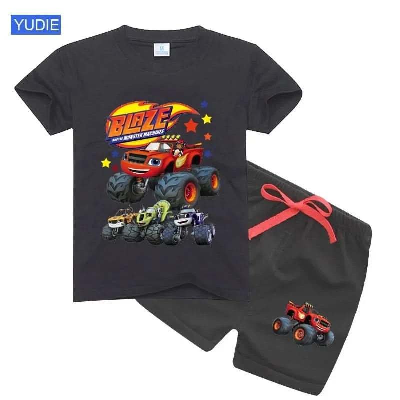 2025 Summer Baby Boy Clothes Set Cartoon Blazing Speed Cars Monster Machines Children Girl Short Sleeve T Shirt+Shorts 2PCS Suit - M & M Global
