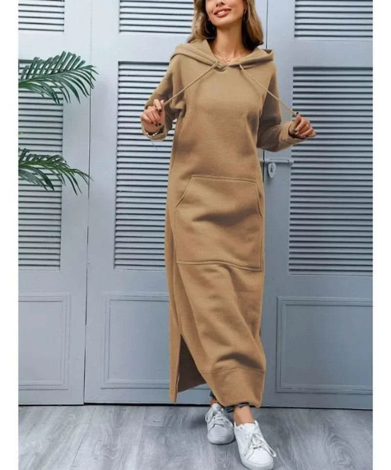 Autumn and Winter New Loose Size Knitted Hooded Long Dress Plush Casual Fashion Dress Large Pocket Skirt Women's Wear - M & M Global