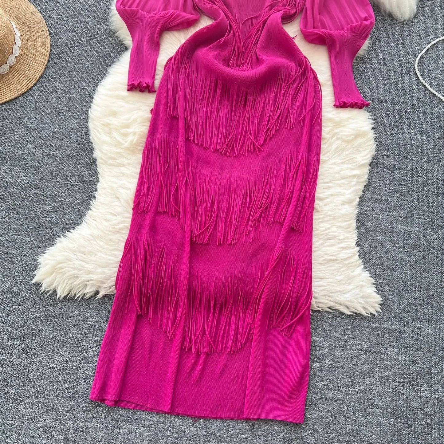 Vintage O-Neck Elegant Long Lantern Sleeve Chic Tassel Slim Long Dress French Fashion Evening High Street Autumn Winter Clothing - M & M Global