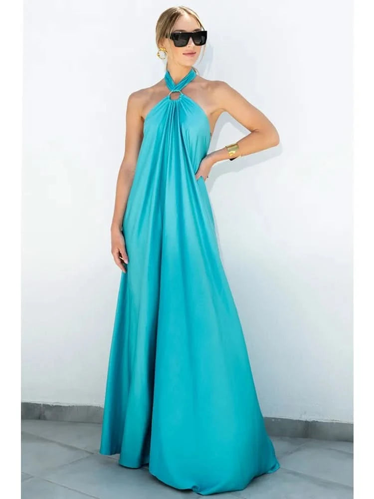 Summer Satin Sexy Women Long Dress Fashion Blue Elegant Vestido Halter Sleeveless Party Evening Dress - M & M Global