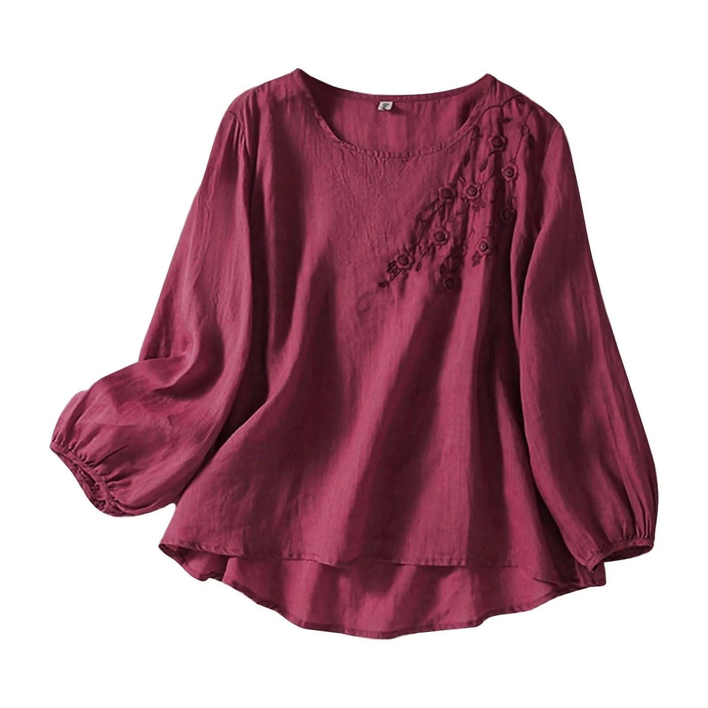 Cotton Linen Blended Summer Blouse Women Embroidered Floral Thin Long Sleeve Blouses Round Neck Loose Female Top - M & M Global