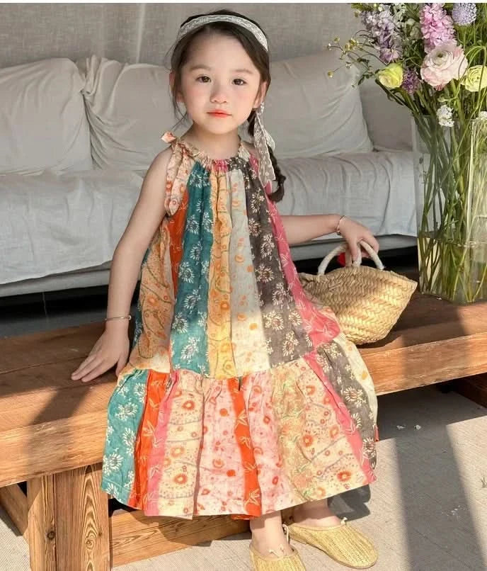 Girls Casual Dresses Floral Print Halter Sleeveless Top Girls Dress Kids Clothes for 2 To 7 Years Chinese Traditional Dress - M & M Global