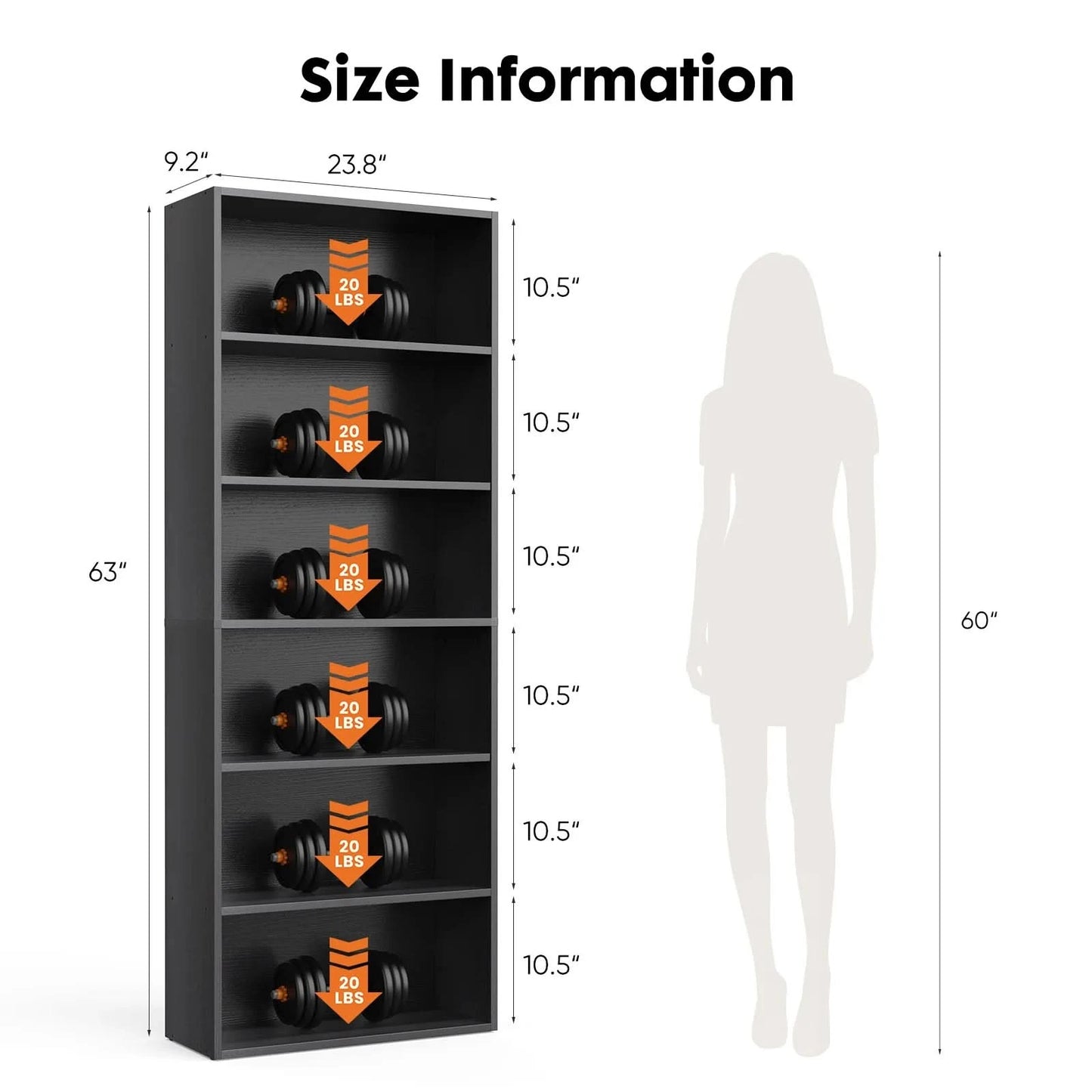JHK 6 Tier Wooden Shelf Bookcase 63 Inch Tall Floor Standing Open Bookshelf for Living Room and Home Office Personalized Storage