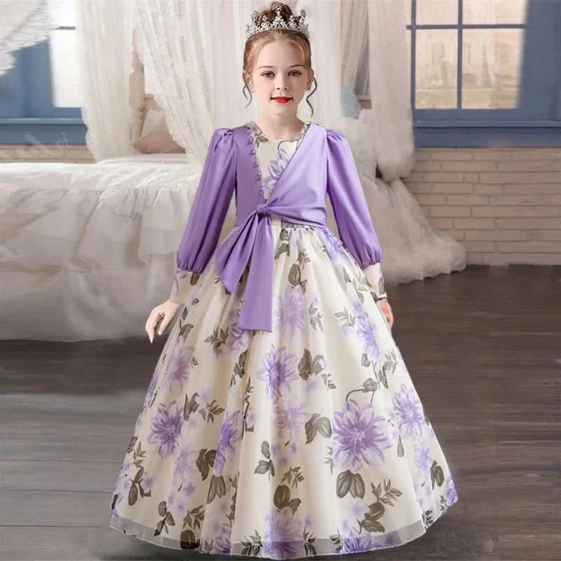 Girls flower pearl long sleeved princess dress 4-12 years old elegant bow printed long dress carnival birthday party performance - M & M Global