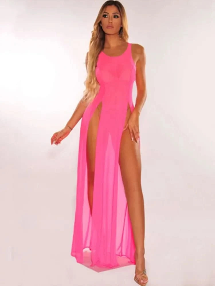 Women Bikini Cover Ups Mesh Sheer See Through Sexy Beach Dress Sleeveless High Slit Long Dress Swimsuit Sarong - M & M Global