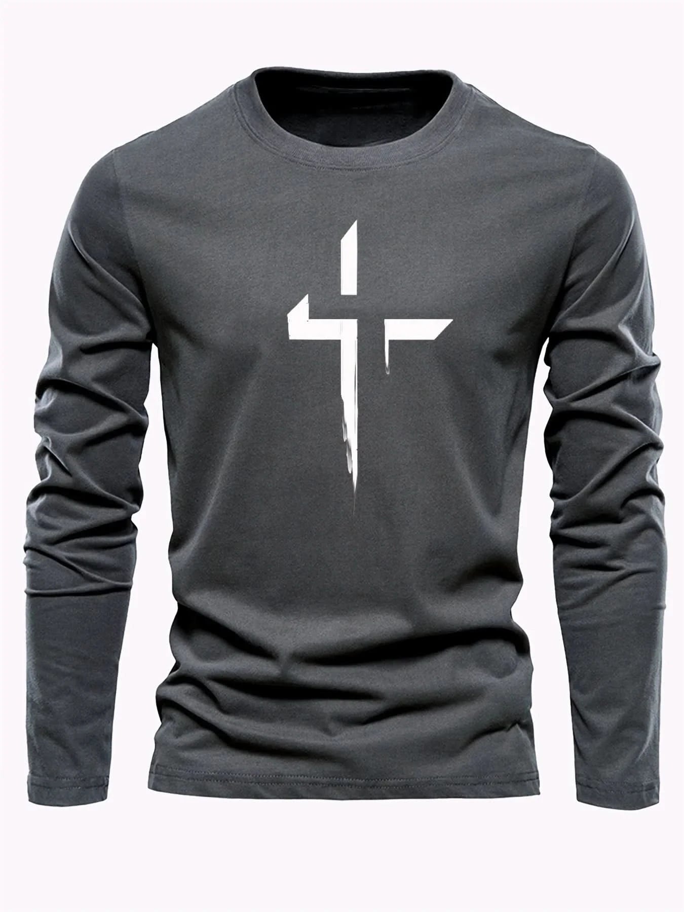 Men's 100% pure cotton loose fit plus size comfortable casual sports cross print round neck long sleeved T-shirt top - M & M Global
