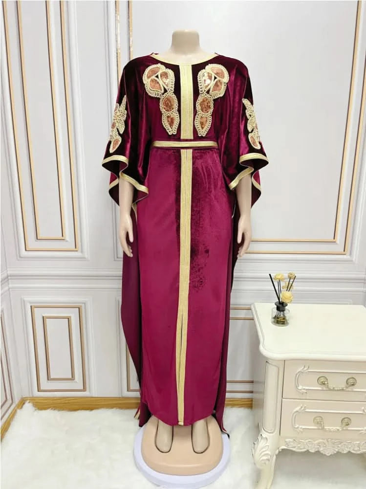 Ramadan Luxury Muslim Fashion Bat Sleeve Moroccan Turkiye Dubai Dress Middle East Arab Dress Sequins Golden Velvet Long Dress - M & M Global
