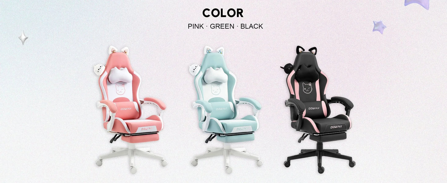 Dowinx Gaming Chair Cute with Cat Ears and Massage Lumbar Support, Ergonomic Computer Chair for Girl with Footrest and Headrest