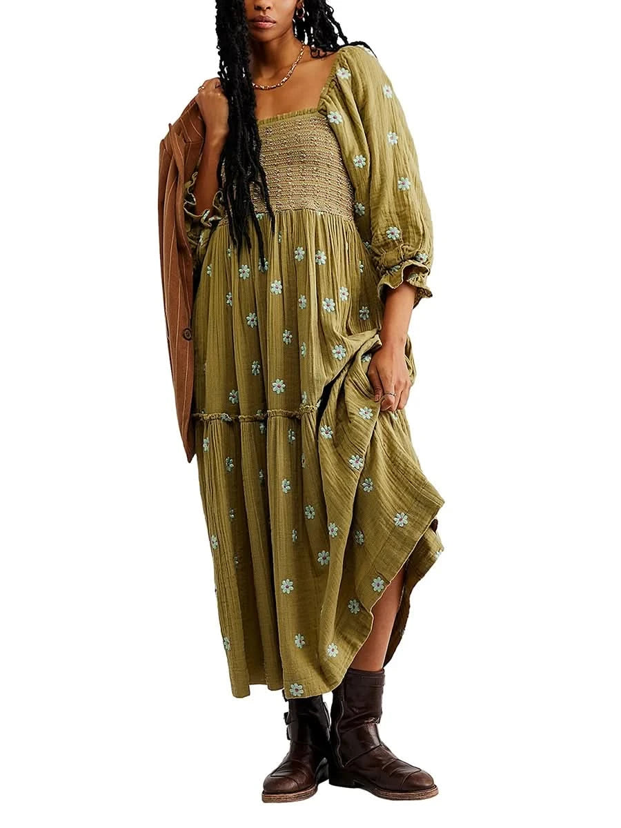 Women's Flower Embroidered Long Dress Bodycon Lantern Sleeve Square Neck Tiered Flowy Dress Bohemian Summer Beachwear Dresses - M & M Global