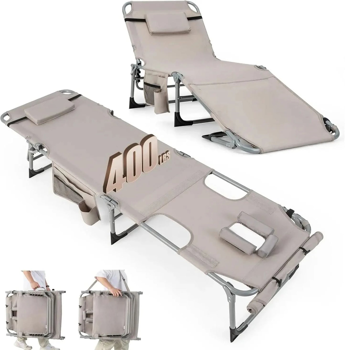 Tanning Chair, 400LBS Beach Lounge with Face Arm Hole & Hand Shoulder Strap, Folding Layout Sunbathing Chair, Face Down Outdoor