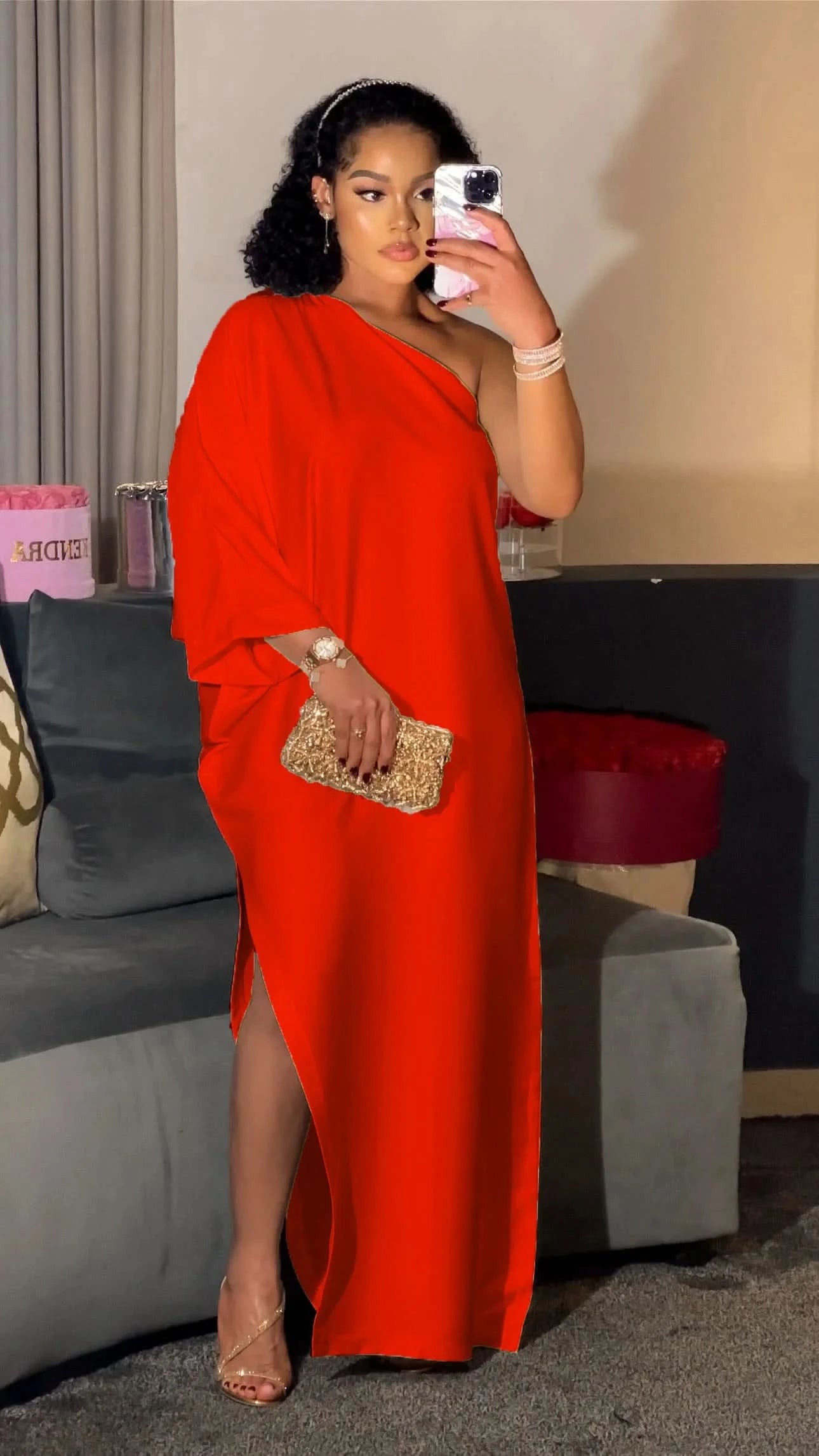 Winter casual long sleeved dress, red party dress, long sleeved round neck long dress - M & M Global