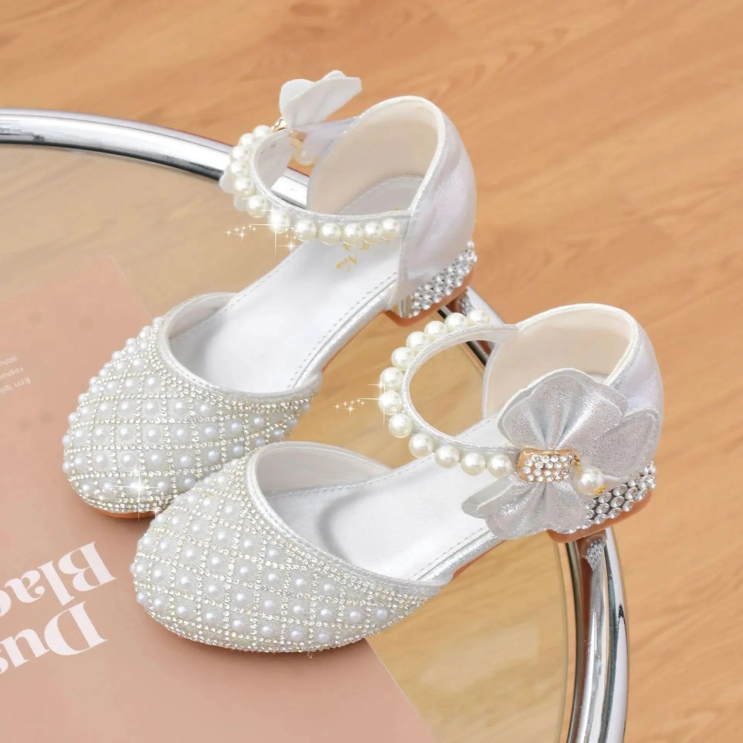 Rhinestones Princess Party Shoes Shiny Crystal Bow White Children High Heels Girls Sandals Summer Kids Student Performance Shoes - M & M Global