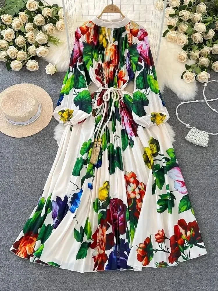 Spring Holiday Print Long Dress For Women Fashion Loose Lantern Sleeve Party Robe Female Big Swing Tassels Belt Pleated Clothes - M & M Global