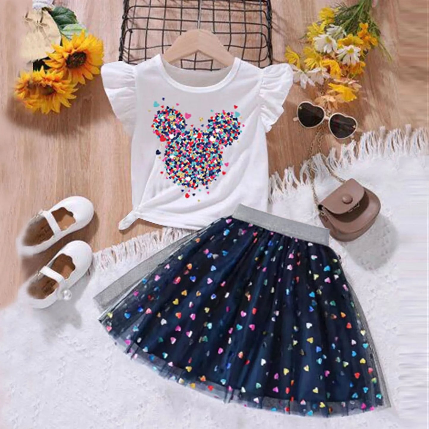 Summer toddler Girls' Clothing Sets Heart Print Short-Sleeved Tops Colorful hearts Tutu Skirt 2Pcs Outfits Valentine's Day Gift - M & M Global