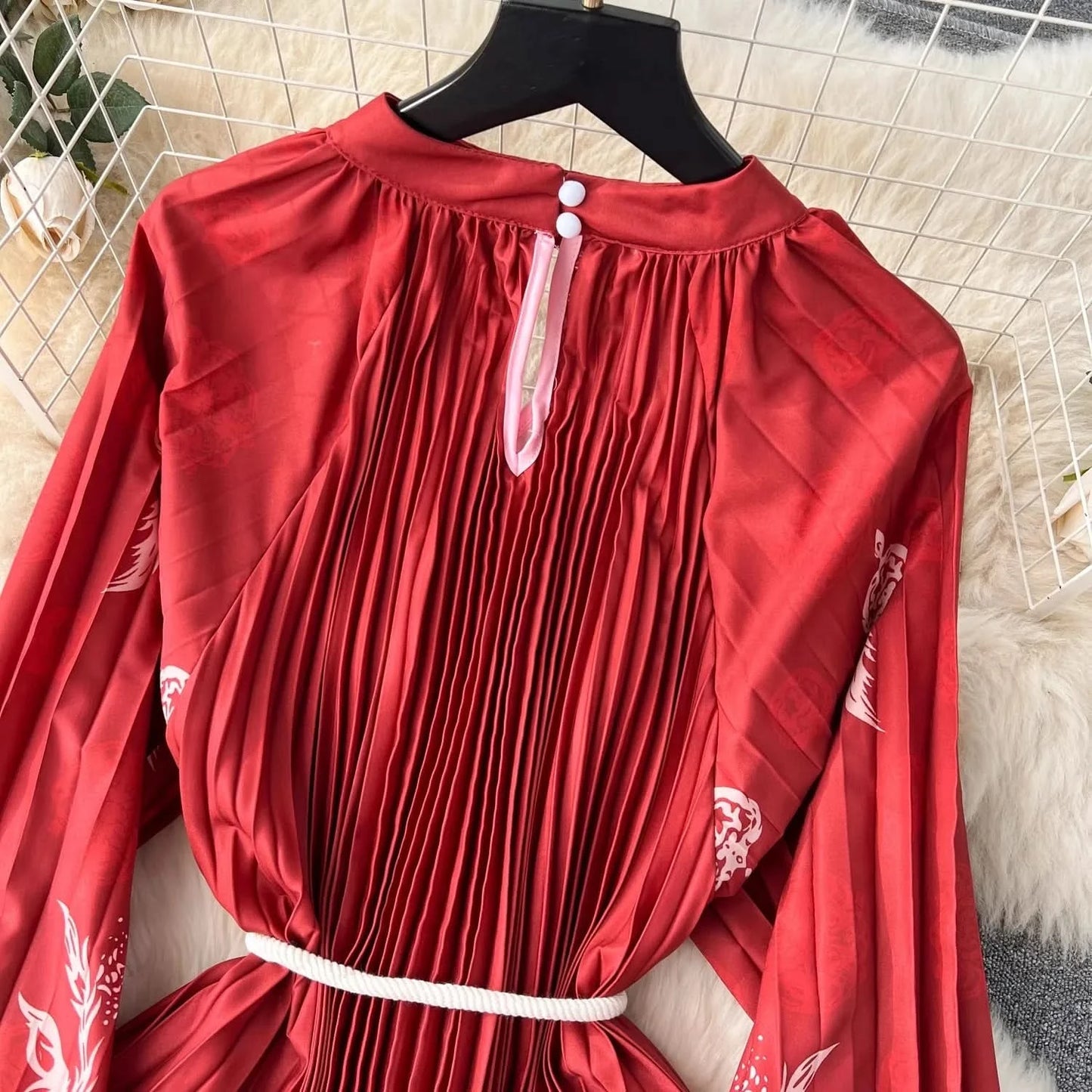Spring Holiday Print Long Dress For Women Fashion Loose Lantern Sleeve Party Robe Female Big Swing Tassels Belt Pleated Clothes - M & M Global