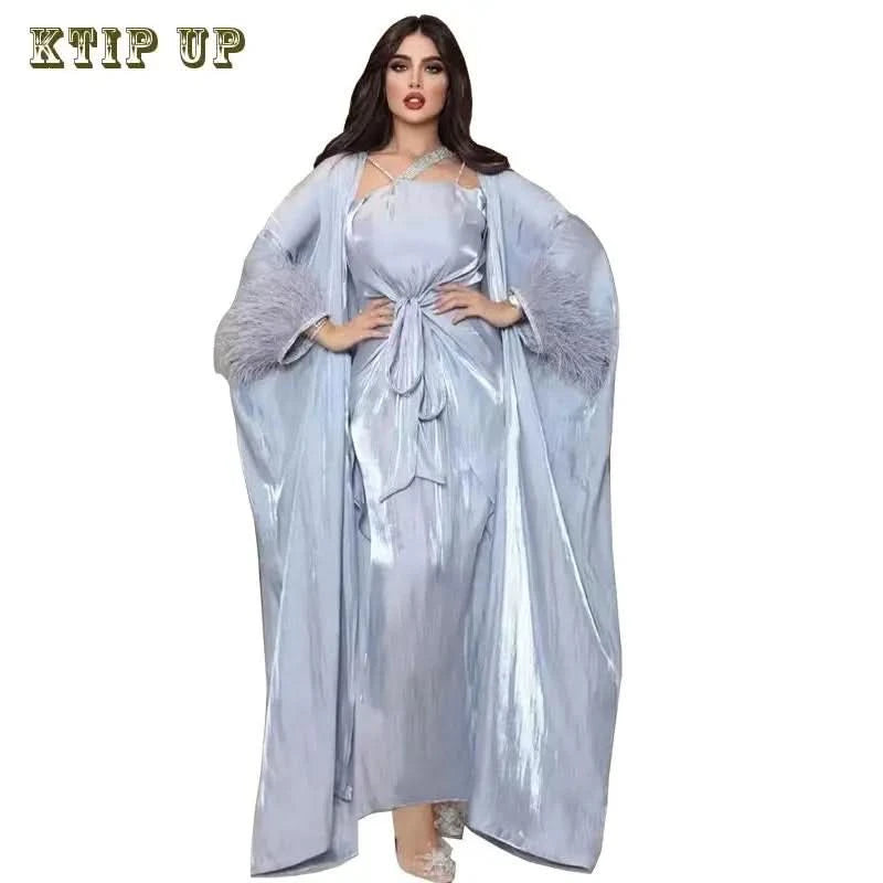 Ramadan Luxury Muslim Fashion Bat Sleeve Moroccan Turkiye Dubai Dress Middle East Arab Dress Sequins Golden Velvet Long Dress - M & M Global
