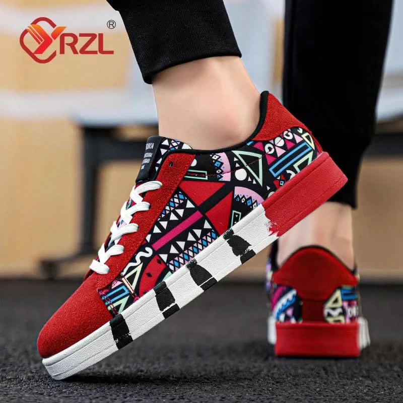 YRZL Men's Sports Running Shoes Canvas Geometric Style Lace-Up Sneakers Couples' Fashionable Graffiti Print Skate Shoes Men - M & M Global