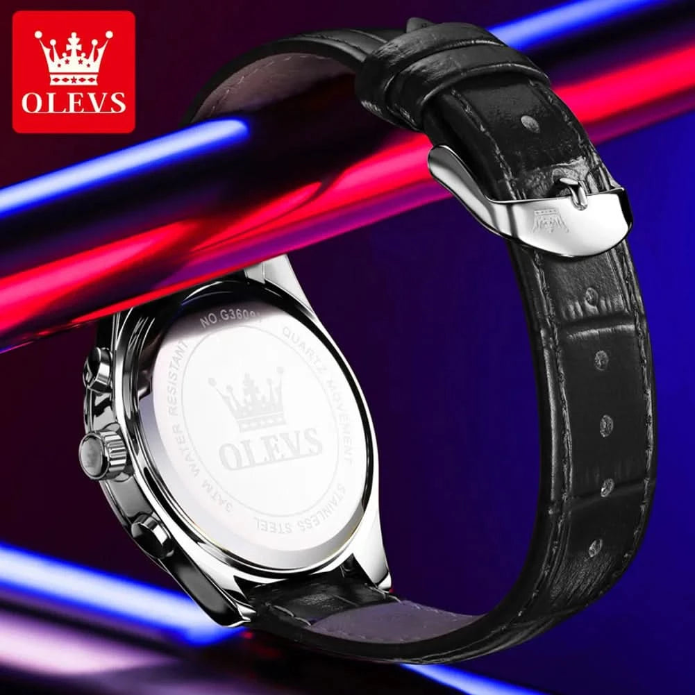 OLEVS Original Watch Leather Strap Moon Phase Luminous Quartz Watches for Man Waterproof Calendar Business Trend Wristwatch - M & M Global