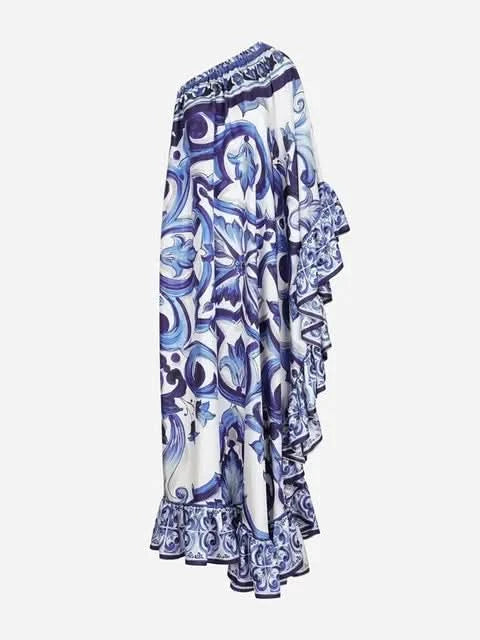 Summer Long Dress Women Runway Blue And White Porcelain Asymmetry Sexy Off The Shoulder Ruffles Hem Loose Robe Maxi Vestidos - M & M Global