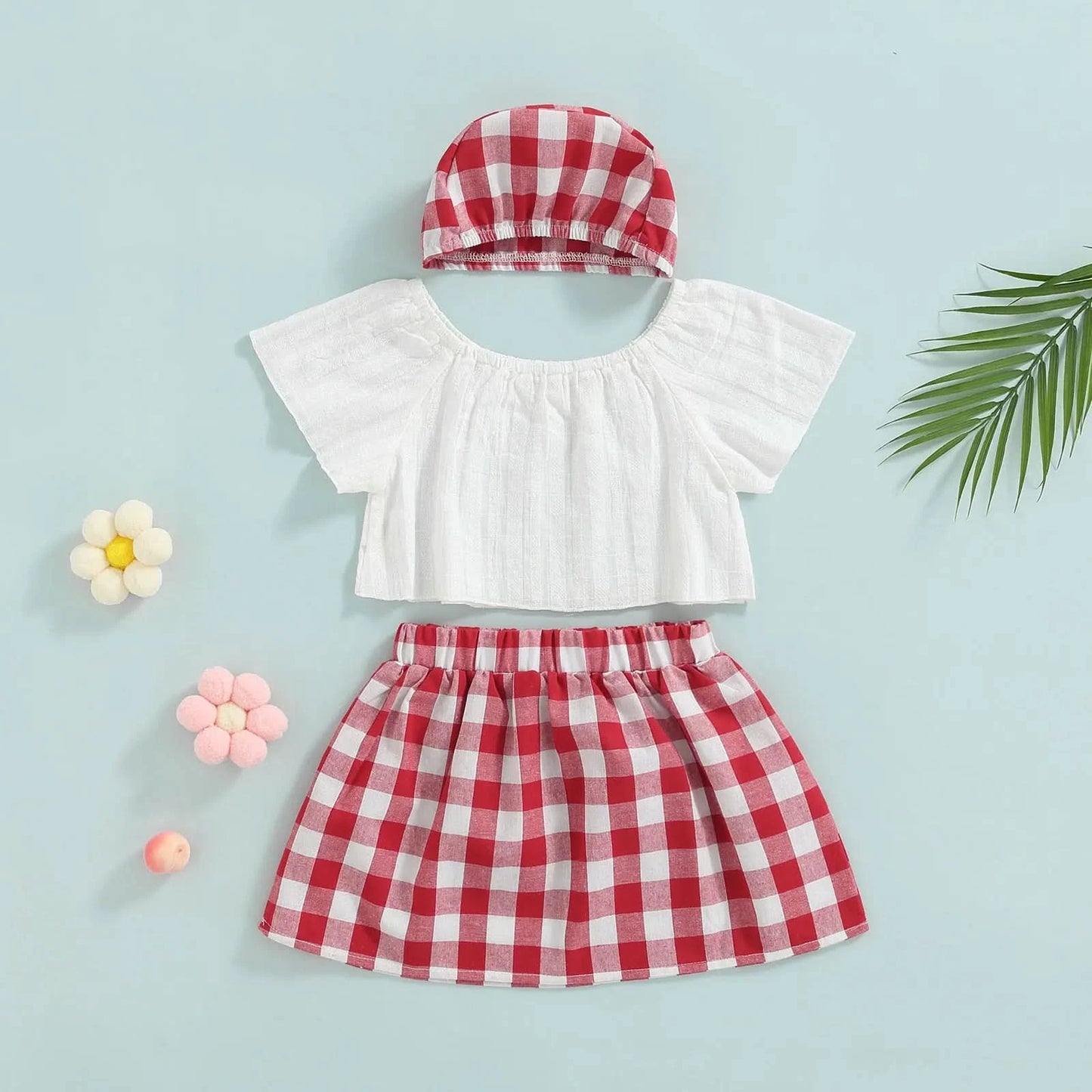 Lioraitiin 3Pcs Set 0-24M Newborn Baby Girl Clothes Cute Summer Off Shoulder Lace Tops+ Red Plaid Short Dress Headband Outfit - M & M Global