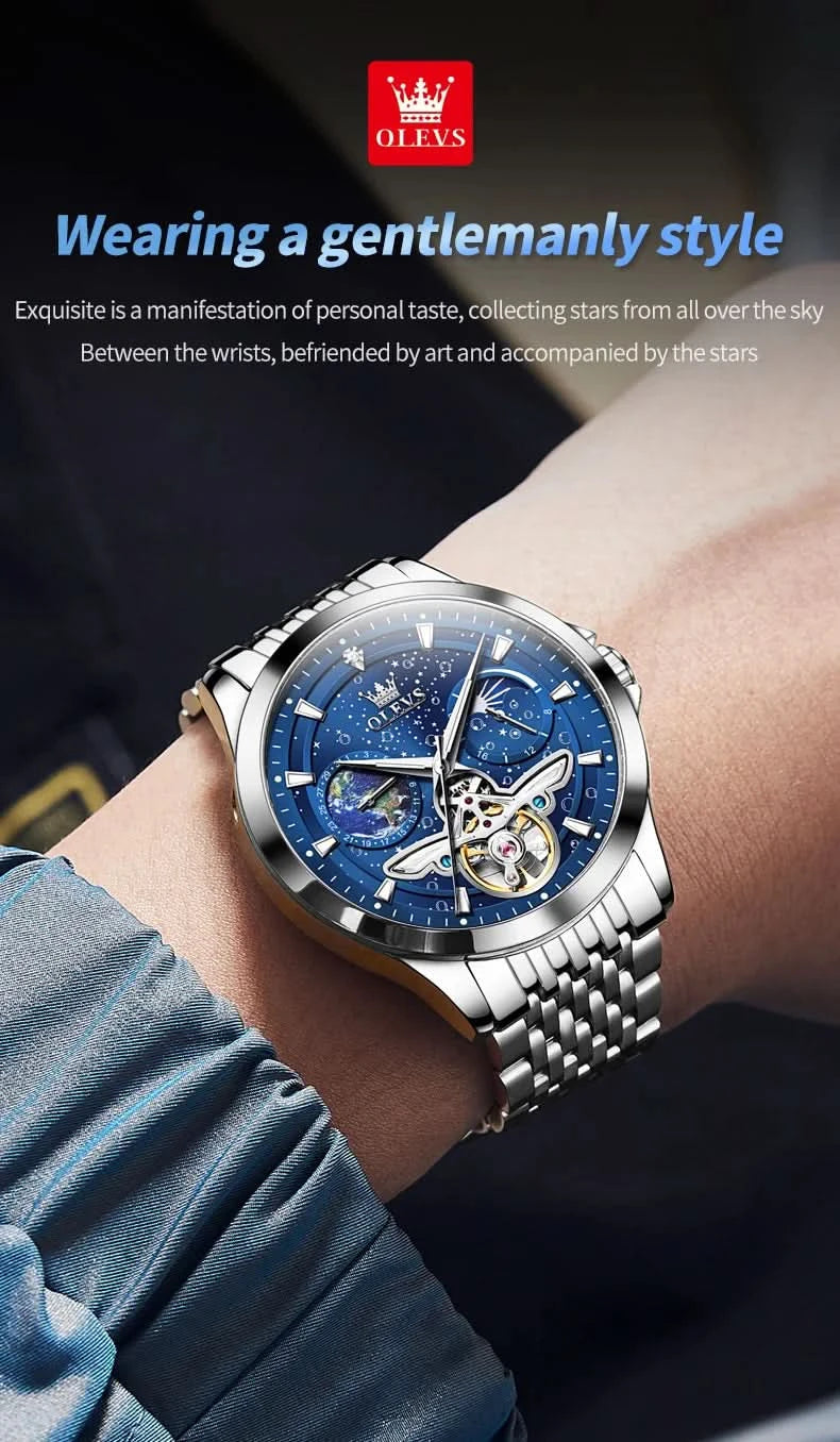 OLEVS Luxury Brand Men's Watches Luminous Waterproof Fully Automatic Mechanical Watch Starry Sky Dial Moon Phase Hollow Out - M & M Global