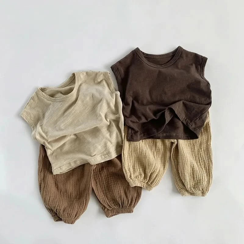 Summer Children Slub Cotton T Shirts Korean Fashion Toddler Kids Sleeveless Striped T-Shirts Baby Boys Casual Tank Tops 4 5 6 7Y - M & M Global