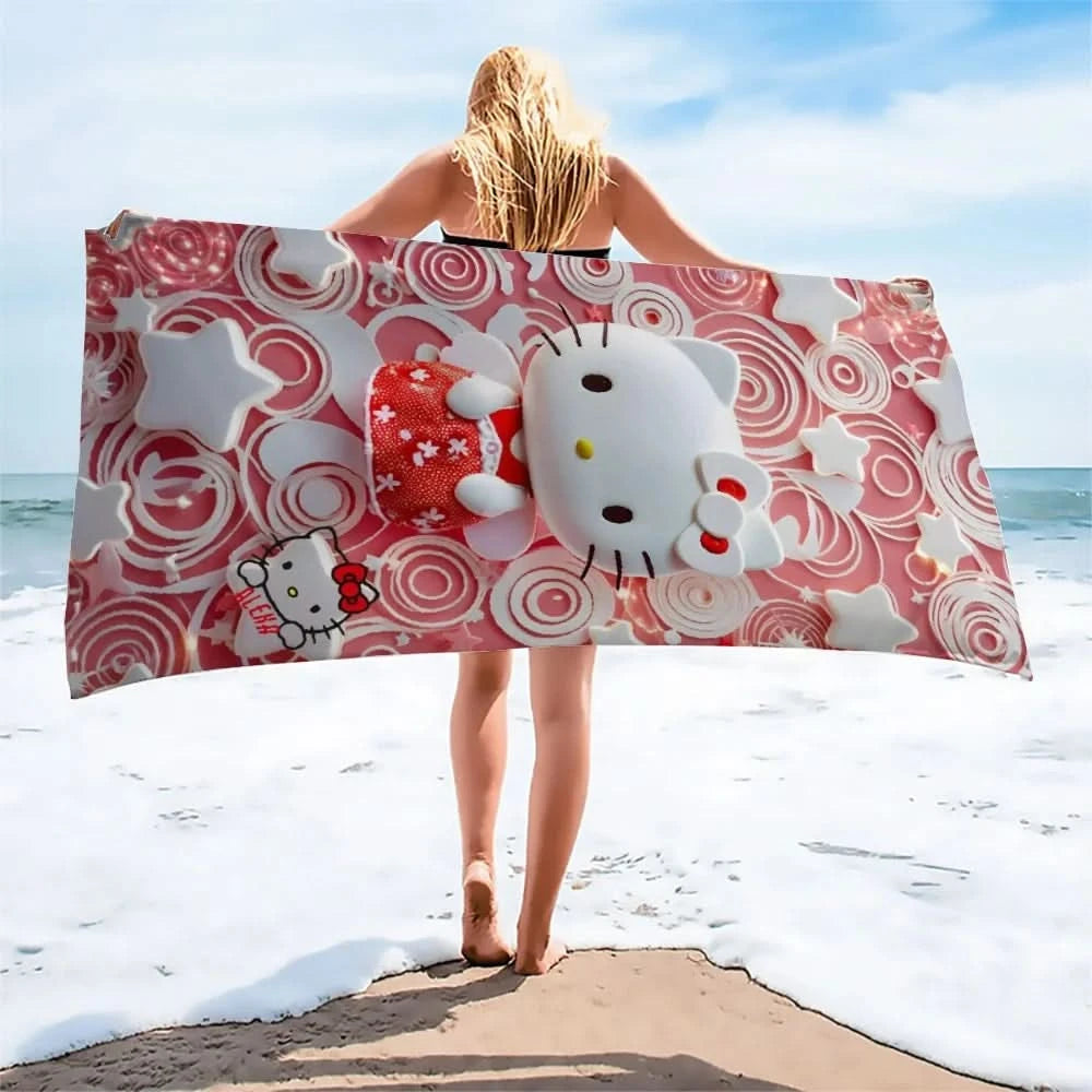 Hello Kitty Red - Pink Swirl Beach TowelMicrofiber terry bath towels for yoga, travel, swimming, fitness and camping - M & M Global