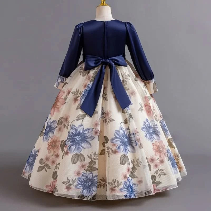 Girls flower pearl long sleeved princess dress 4-12 years old elegant bow printed long dress carnival birthday party performance - M & M Global