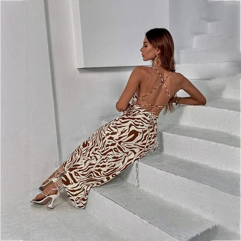 Women Sundress Summer Women Leopard Print Sexy Halter Beach Long Dress Backless Elegant Dresses Casual Resort Style Clothes - M & M Global