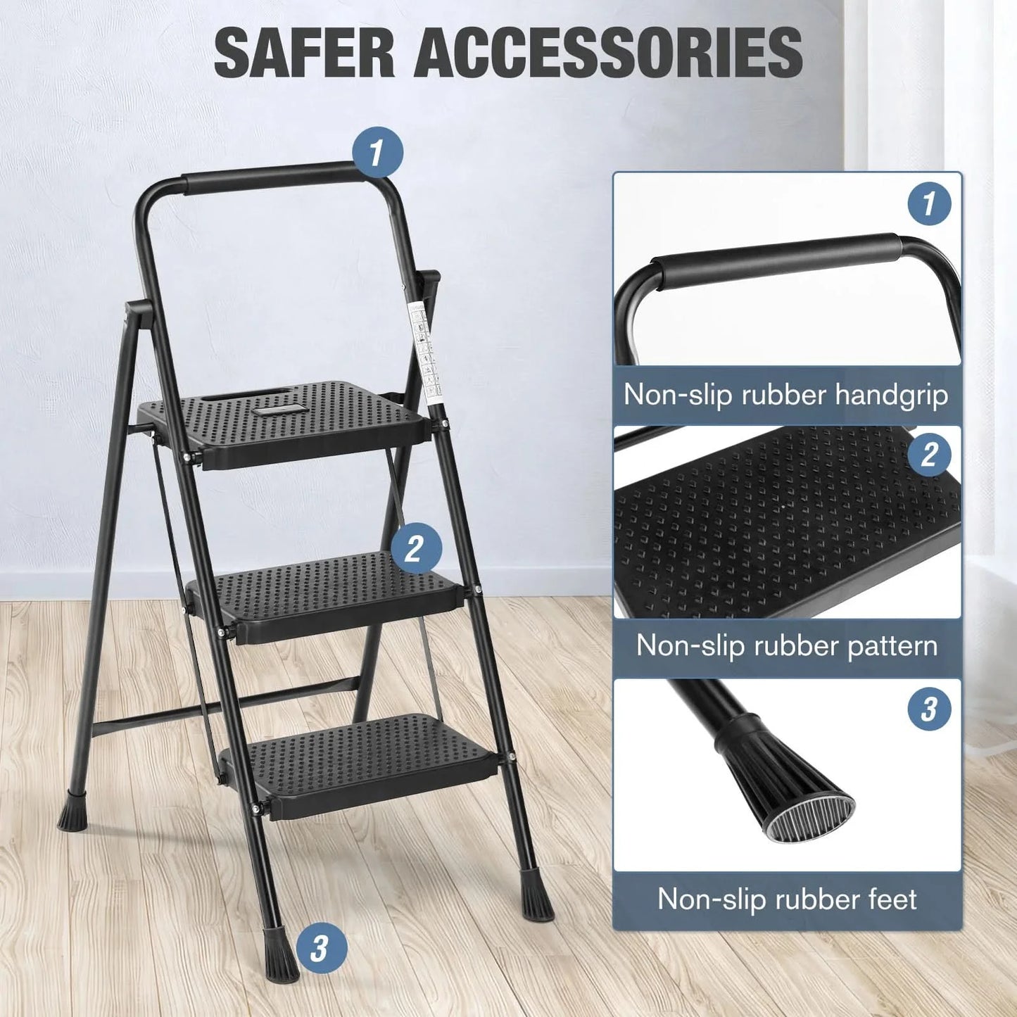 JHK Folding 2/3 Step Ladder Stool with Anti-Slip Pedal 800lbs Capacity Sturdy Steel Portable Cushioned Handle for Kitchen Home