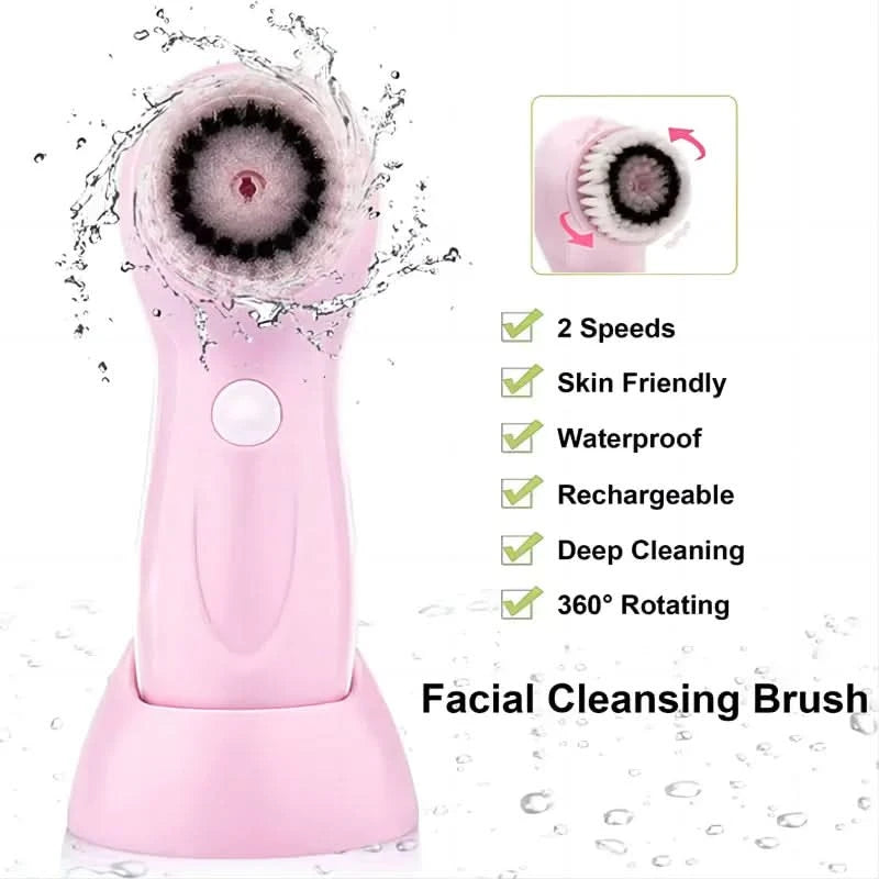 Facial Cleansing Brush Face Scrubber Electric Exfoliating Spin Cleanser Device Waterproof Deep Cleaning Massage Remove Blackhead - M & M Global