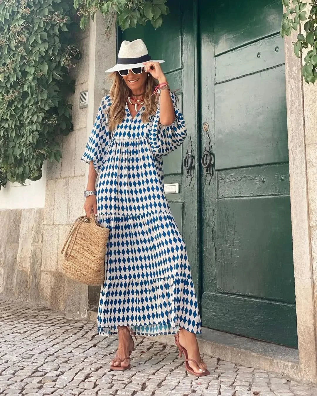 Summer Puff Sleeve Long Dress Women Geometric Print Half Sleeve Dress Boho V-Neck Loose Holiday Beach Dress Vestidos - M & M Global