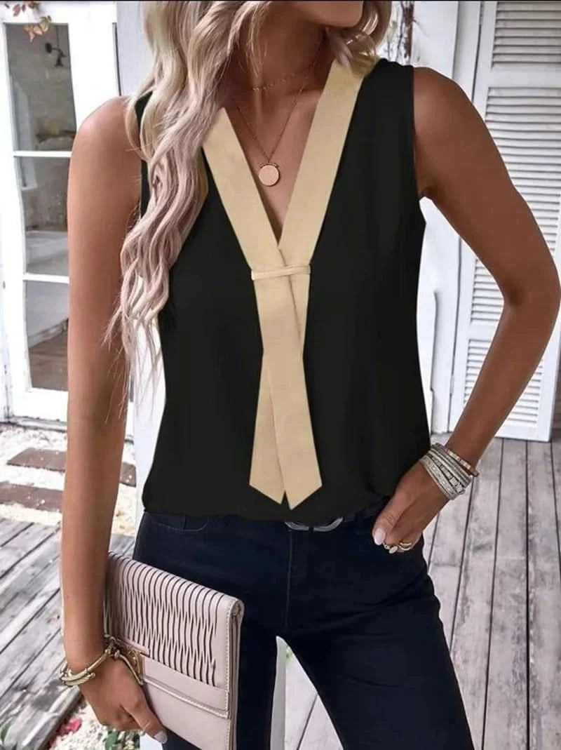 Elegant Women's Blouse Tees 2023 Summer Fashionable Style V-Neck Panel Sleeveless Top Lady Shirt S-XXXL - M & M Global