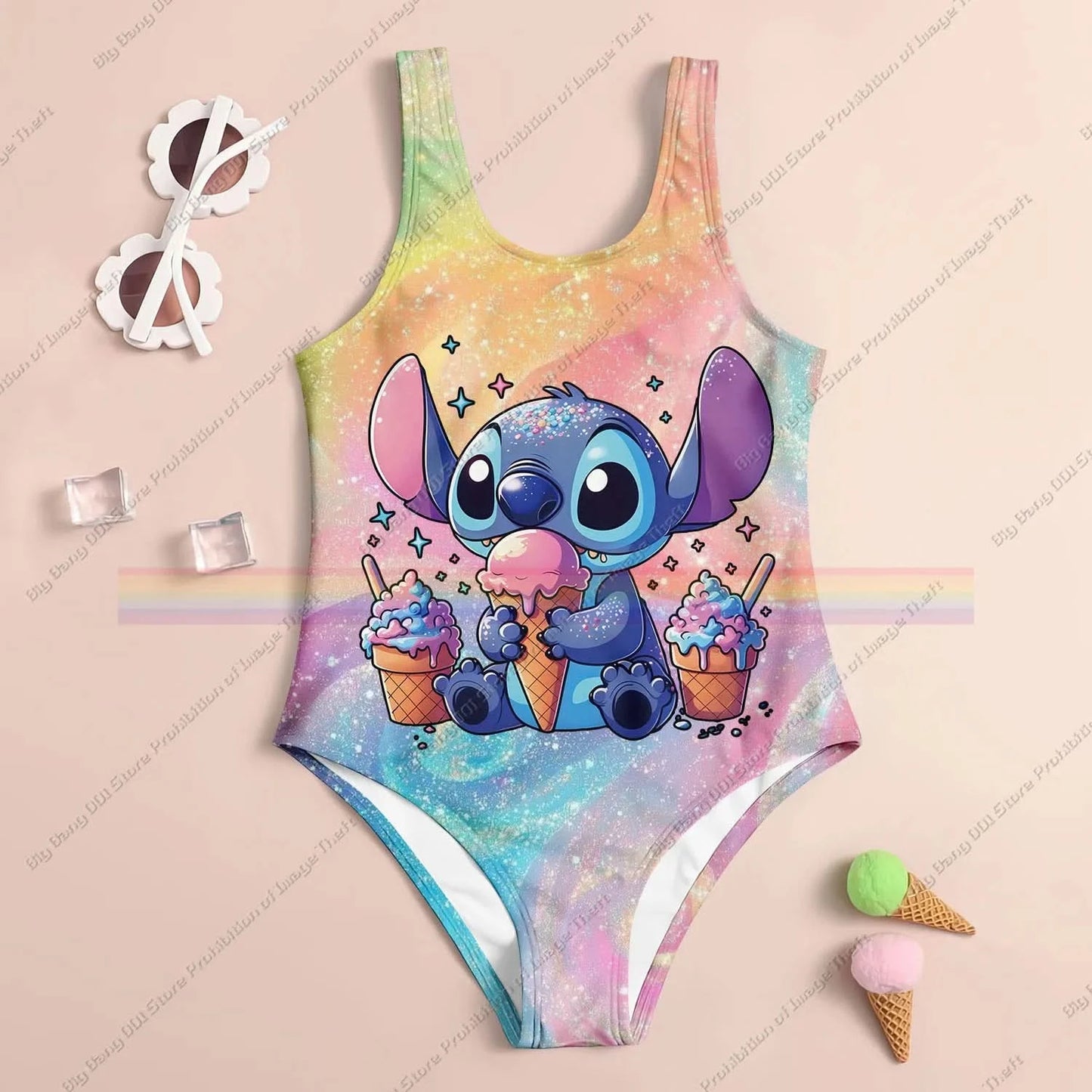 Stitch Cartoon Miniso 2025 Summer 3D Printing Kids Clothing Swimsuit Girls Boys Two Piece Bikini Set Beach Party Essential - M & M Global