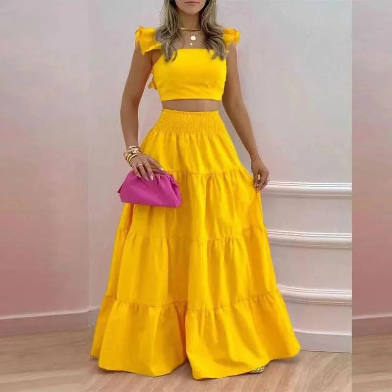 Dress Set Two-piece Women's Clothing Solid Color Sexy Suspender Large Swing Skirt Short Sleeved Square Neck Top Summer Outfits - M & M Global