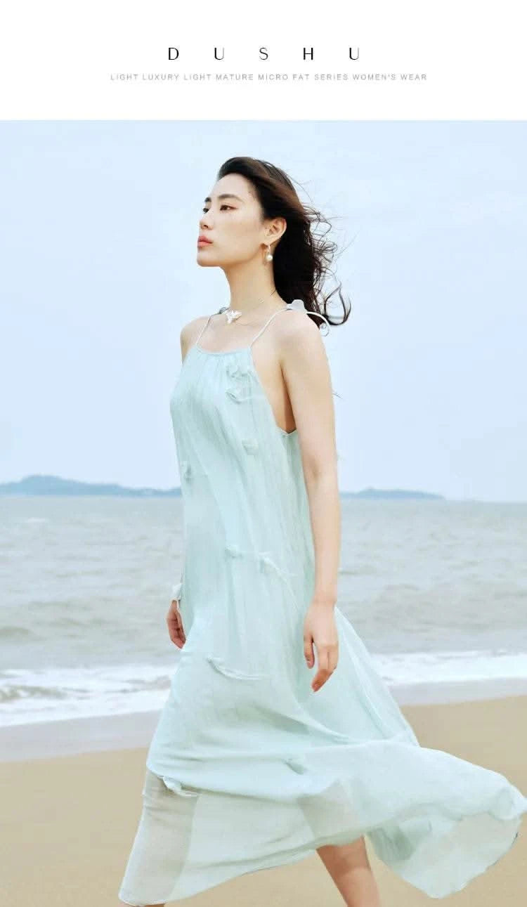 DUSHU Sleeveless Women Thin Long Dress Holiday Style Female Summer Spaghetti Strap Dress Green Women A-LINE Dress 24DS82796 - M & M Global