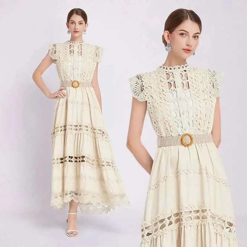 JAMERARY Designer New Summer Holiday White Embroidery Cotton Long Dress Women Sleeveless Midi Prom Evening Dresses Party Robe - M & M Global