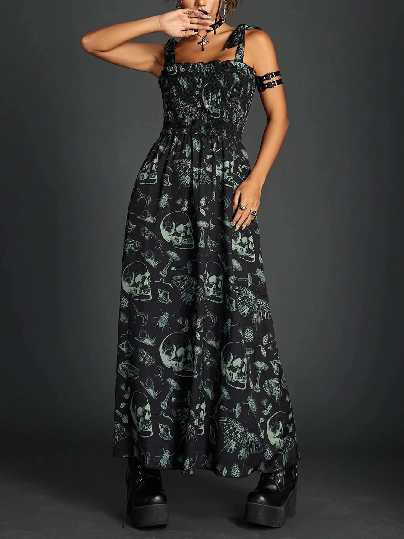 Goth Dark Fairy Grunge Y2k Aesthetic Skull Graphic Dresses Mall Gothic Shirring Lace Up Long Dress Punk A-line Slim Emo Clothing - M & M Global