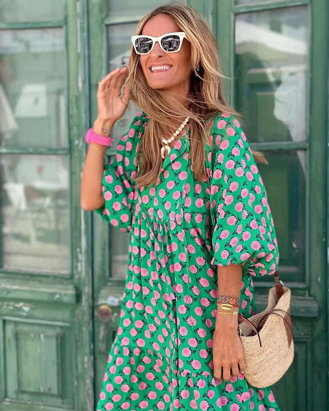 Summer Puff Sleeve Long Dress Women Geometric Print Half Sleeve Dress Boho V-Neck Loose Holiday Beach Dress Vestidos - M & M Global