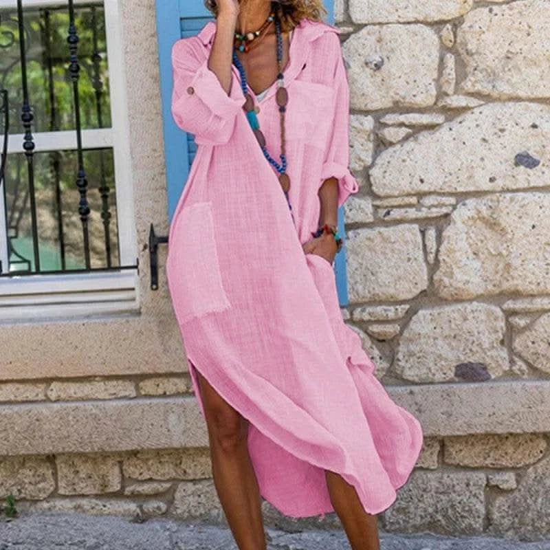 Casual Cotton Linen Loose Shirt Dress Women Summer Fashion Streetwear Split Button Long Dress White Black Beach Holiday Vestidos - M & M Global