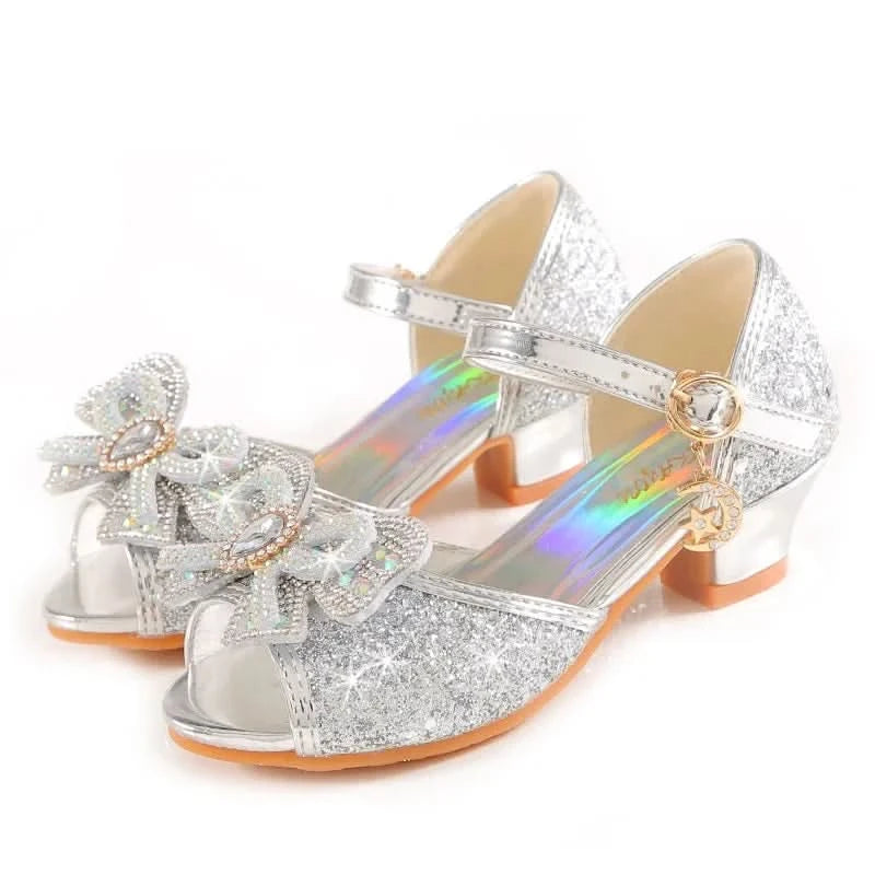 Summer Girls Sandals With Heel Fashion Rhinestone Shiny Glitter Shoes Children Princess Bowtie Pearl Dancing Shoes H876 - M & M Global